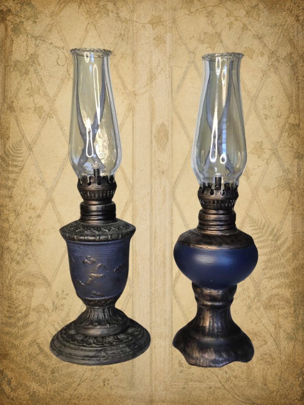 RAYFLAM 2 Mini Oil Lamps Blue Brass Bronze